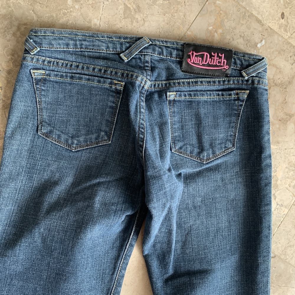 Y2K Vtg Von Dutch Low Rise Flared Denim Blue Jeans 27x30 Button Fly Distressed